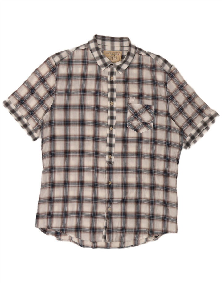 Guess Camisa masculina de manga curta grande xadrez cinza