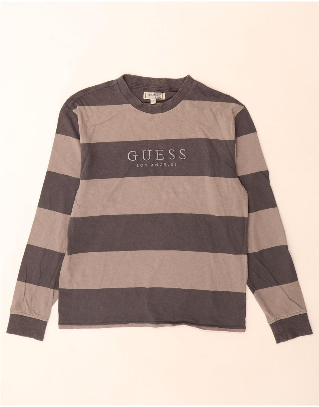 Guess Camiseta masculina gráfica manga comprida algodão listrado cinza médio