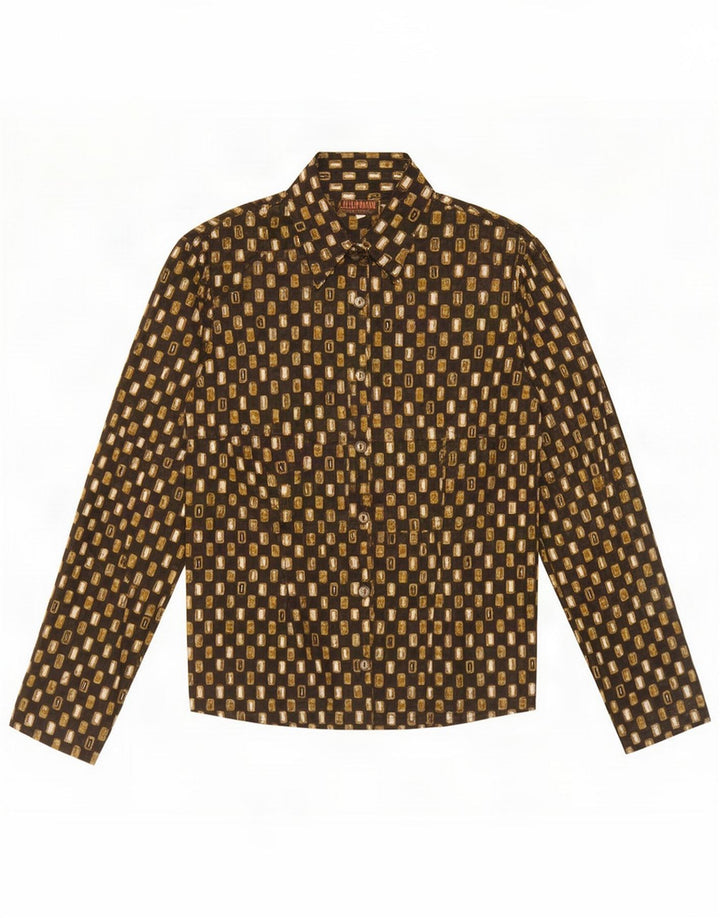 Camisa Celofane Feminina UK 16 Grande Geométrica Preta