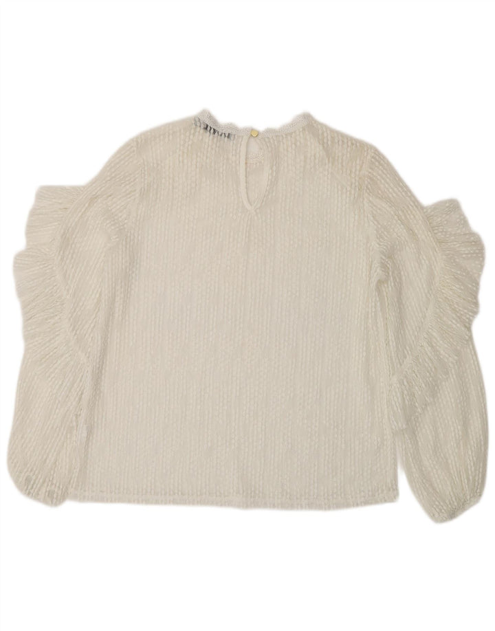 Top feminino Oasis de manga comprida com renda transparente Reino Unido 14 médio branco