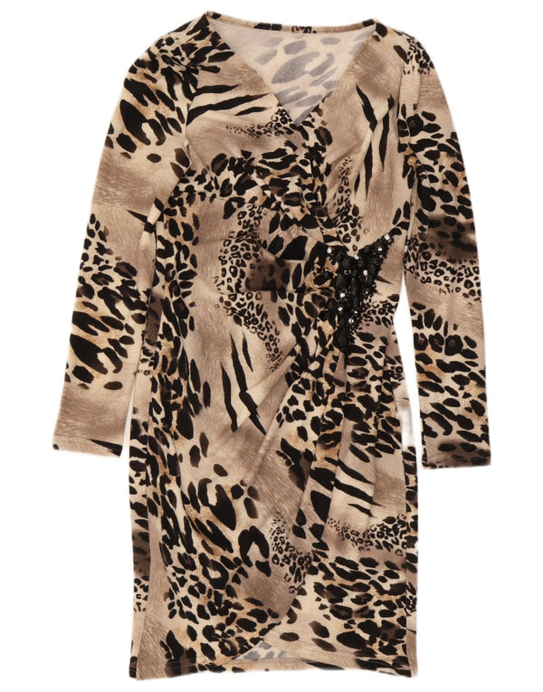Vestido feminino vintage manga comprida com bainha UK 12 marrom médio estampa animal