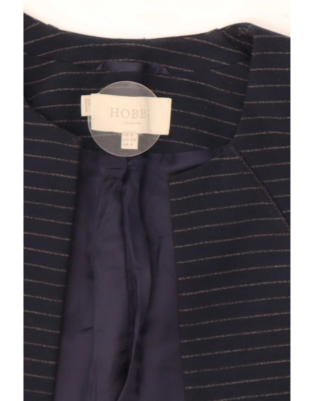Jaqueta blazer aberta feminina Hobbs Reino Unido 8 poliéster listrado azul marinho pequeno