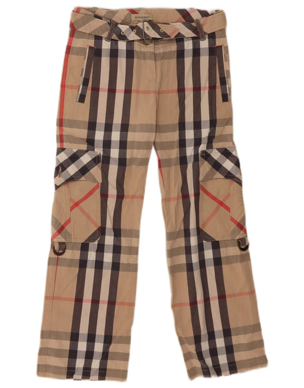 Calças cargo retas Burberry para meninas 7-8 anos W22 L21 algodão xadrez bege
