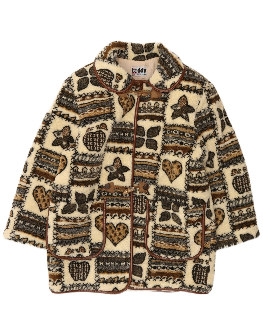 Casaco feminino vintage de lã com estampa gráfica UK 14 patchwork bege grande