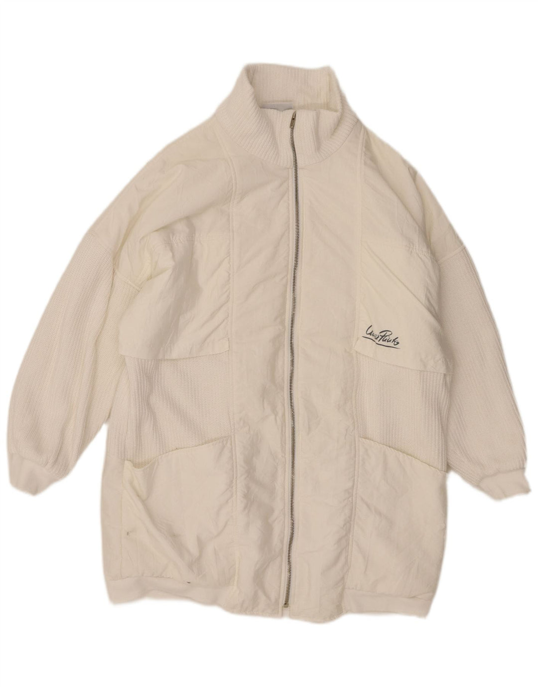Casaco corta-vento feminino VINTAGE de grandes dimensões EU 38 médio branco poliamida