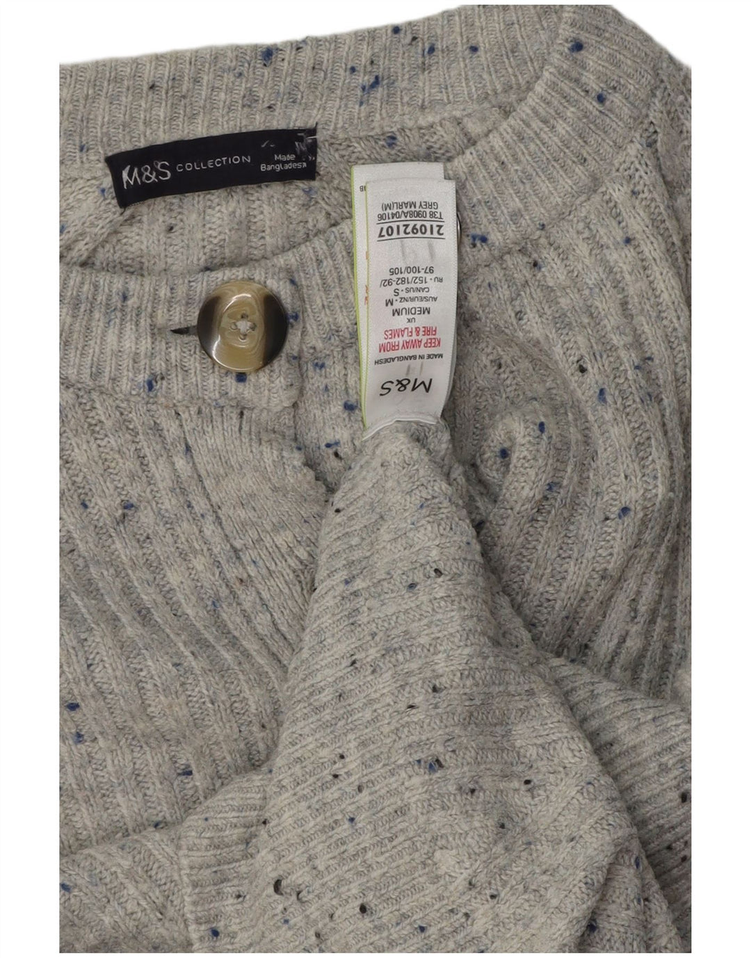 Suéter cardigã feminino Marks & Spencer Reino Unido 14 acrílico manchado cinza médio
