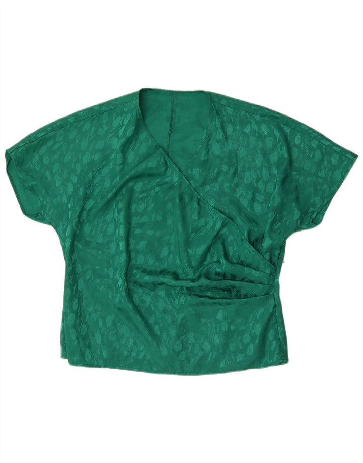 Blusa feminina vintage top UK 22 2XL poliéster manchado verde