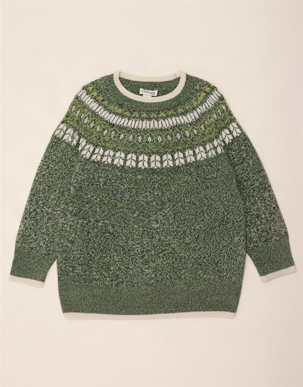 Suéter feminino vintage com gola canoa Reino Unido 22 3XL verde Fair Isle acrílico