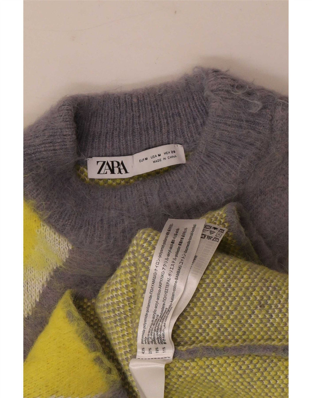 Suéter feminino Zara com gola tartaruga Reino Unido 14 bloco colorido cinza médio