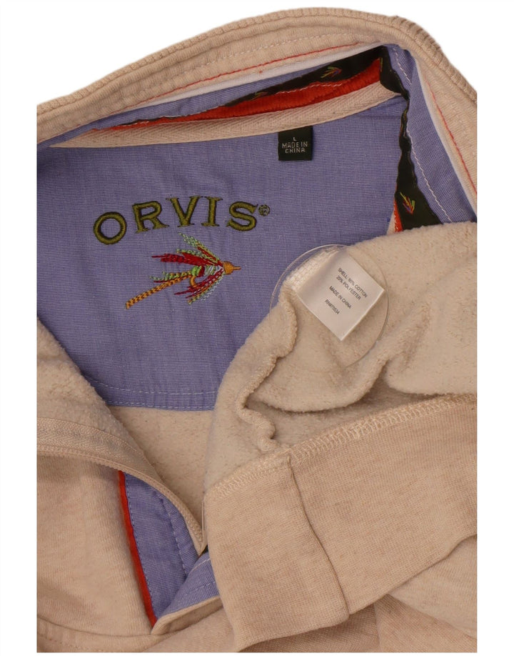 Suéter masculino Orvis com zíper e gola grande de algodão manchado bege
