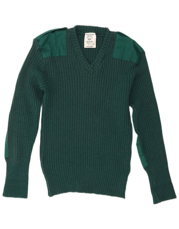 Suéter vintage masculino militar com decote em V, lã nova verde médio