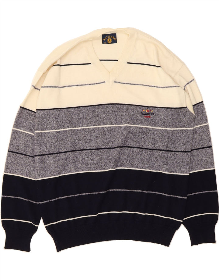 NAVIGARE Mens V-Neck Jumper Sweater 2XL White Colourblock Cotton Vintage Navigare and Second-Hand Navigare from Messina Hembry 