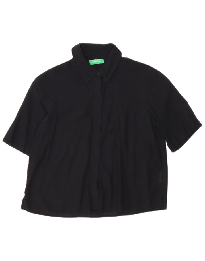 Camisa oversized feminina de manga curta Benetton UK 10 pequena algodão preto