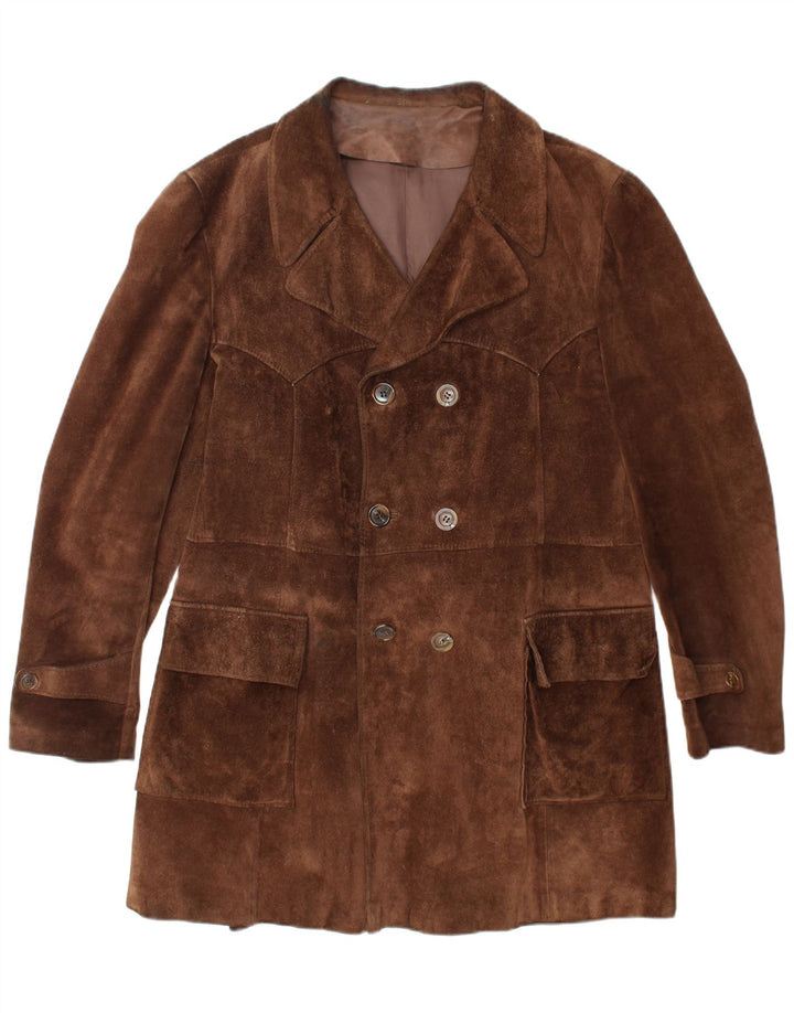 Casaco masculino VINTAGE de camurça com peito duplo Reino Unido 40 grande marrom