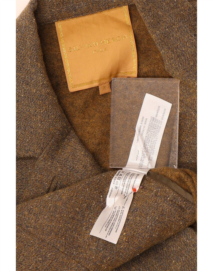 Jaqueta blazer de malha feminina Silvian Heach Reino Unido 12 bloco colorido marrom médio