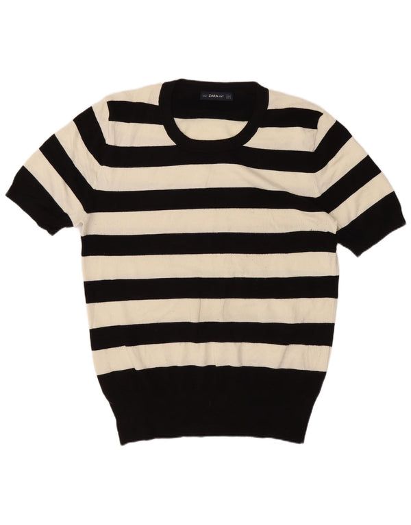Zara Suéter feminino de manga curta com gola redonda UK 18 XL preto listrado