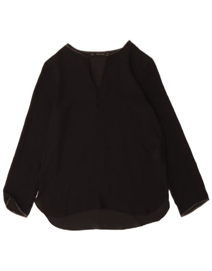 Top feminino Zara manga comprida UK 10 pequeno poliéster preto