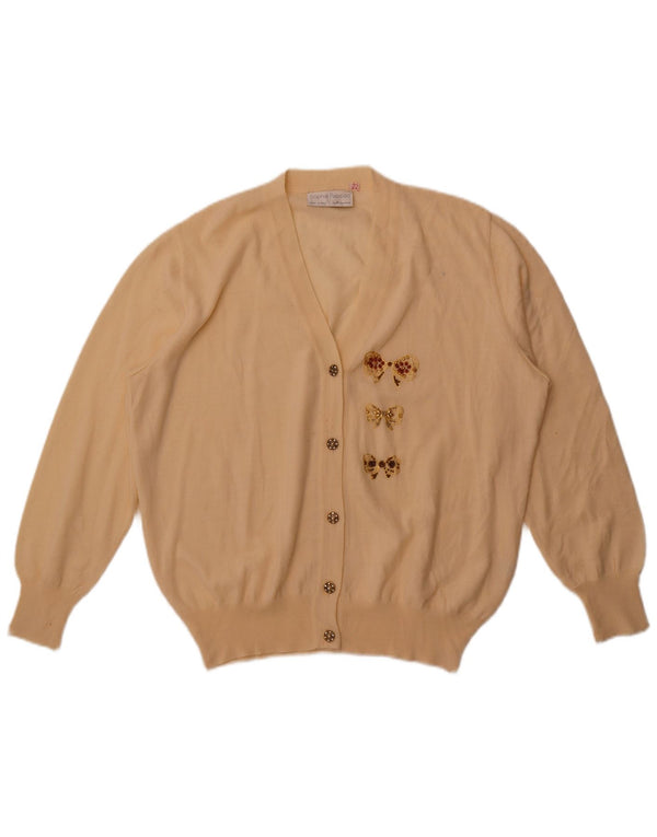 Suéter cardigã feminino vintage Reino Unido 22 2XL lã Merino branca