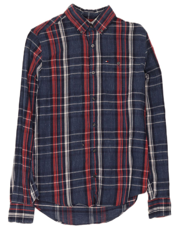 Camisa masculina de flanela Tommy Hilfiger Slim Fit XS azul marinho xadrez algodão