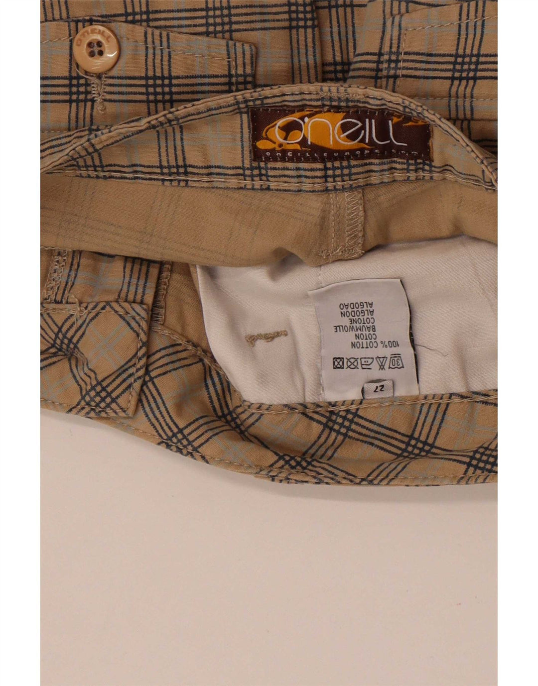 Shorts Chino feminino O'Neill W27 pequeno algodão xadrez bege