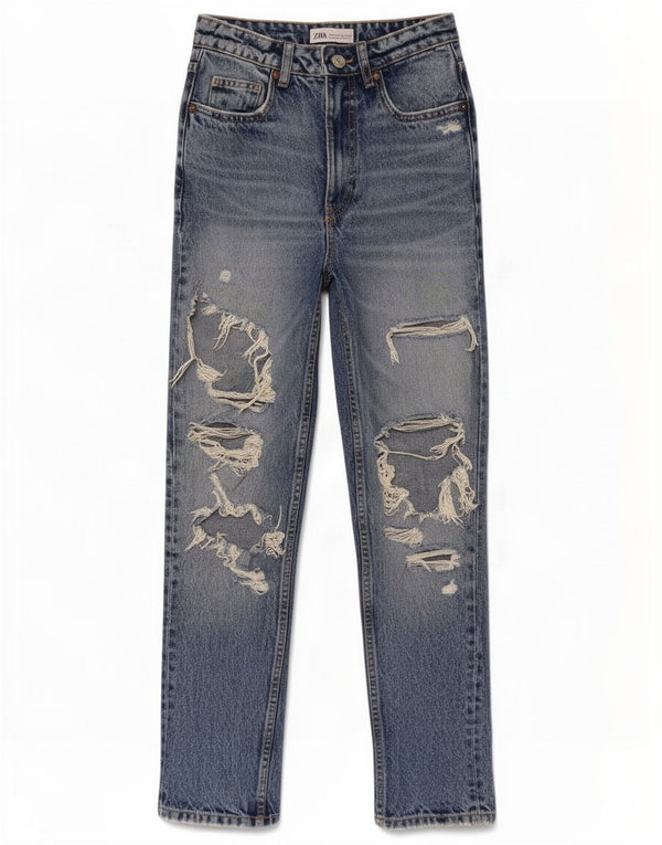 Zara Calça jeans feminina cintura alta desgastada EU 32 2XS W22 L27 algodão azul