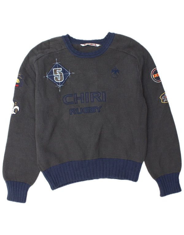 Suéter vintage masculino de rugby com gola redonda e lã de carneiro cinza grande