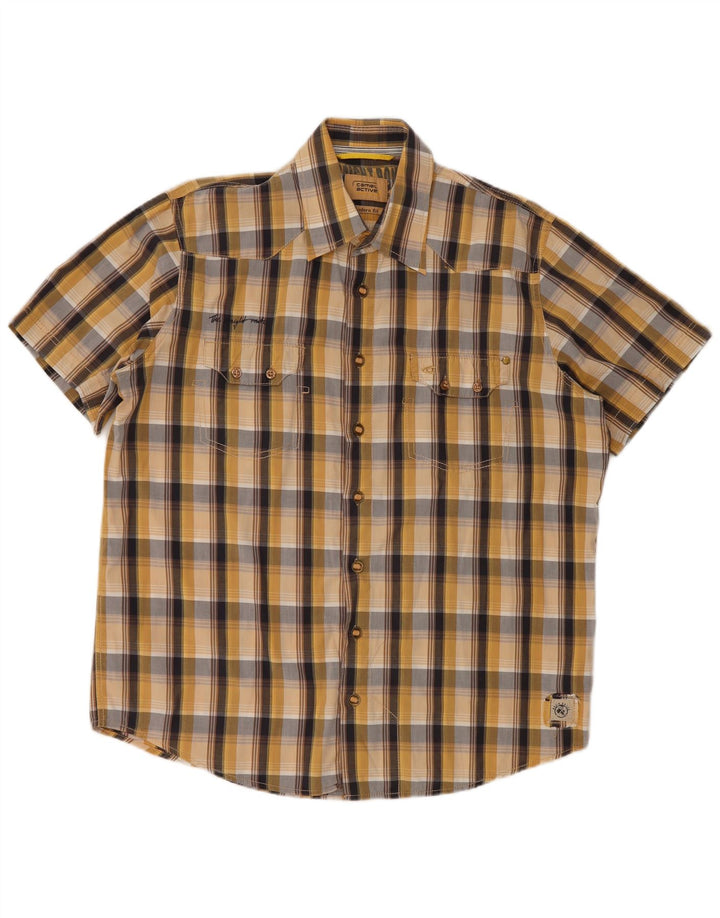 CAMEL ACTIVE Camisa masculina de manga curta com ajuste moderno, algodão xadrez bege grande