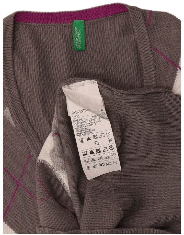 Suéter feminino Benetton com decote em V Reino Unido 10 pequeno cinza Argyle / diamante