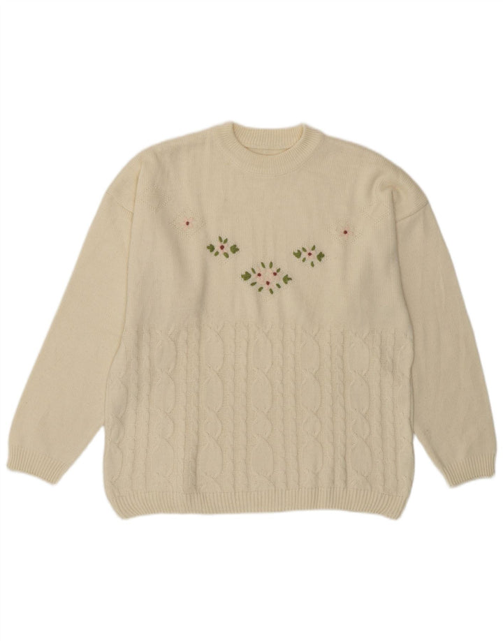 Suéter feminino vintage com gola redonda Reino Unido 14 lã branca média
