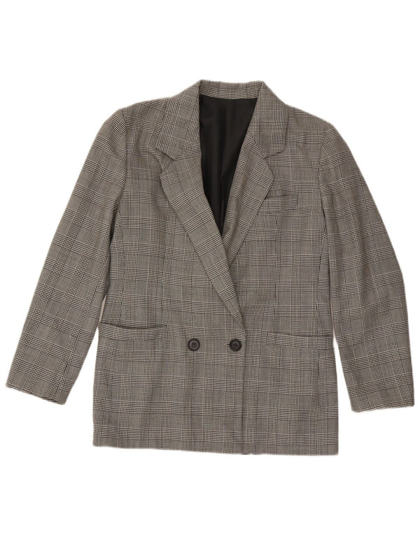 Jaqueta blazer feminina vintage com peito duplo Reino Unido 12 Houndstooth cinza médio