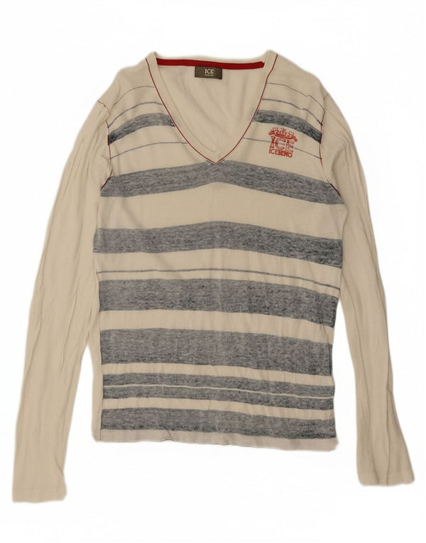 Suéter feminino Iceberg com decote em V, tamanho UK 16, grande, branco, listrado, linho