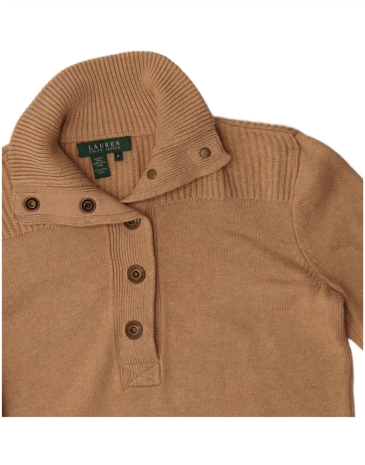 Ralph Lauren Suéter feminino com gola redonda e botão, Reino Unido 12, algodão bege médio