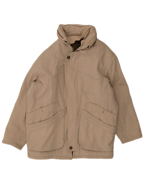 Jaqueta Parka masculina vintage com capuz Reino Unido 40 algodão bege grande