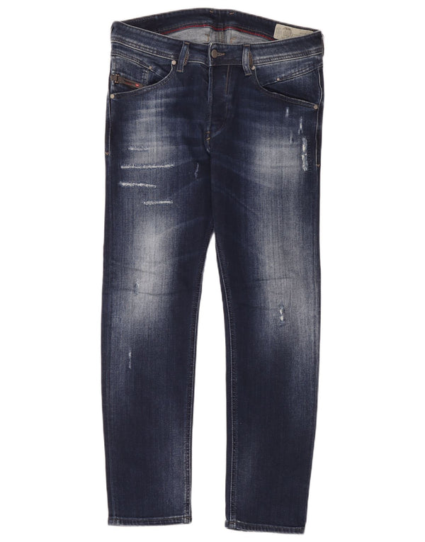Diesel Mens Belther Distressed Tapered Slim Jeans W32 L30 Azul Algodão