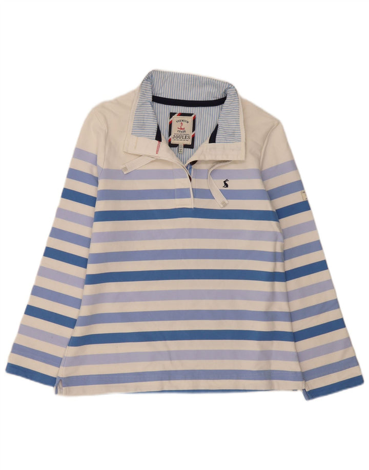 Suéter feminino Joules com gola redonda e botão UK 14 listrado branco grande