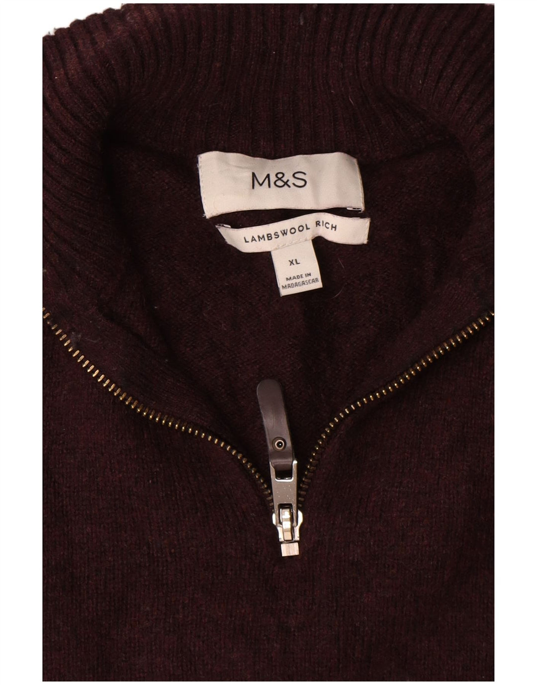 Suéter masculino Marks & Spencer com zíper e gola XL lã de cordeiro cor de vinho