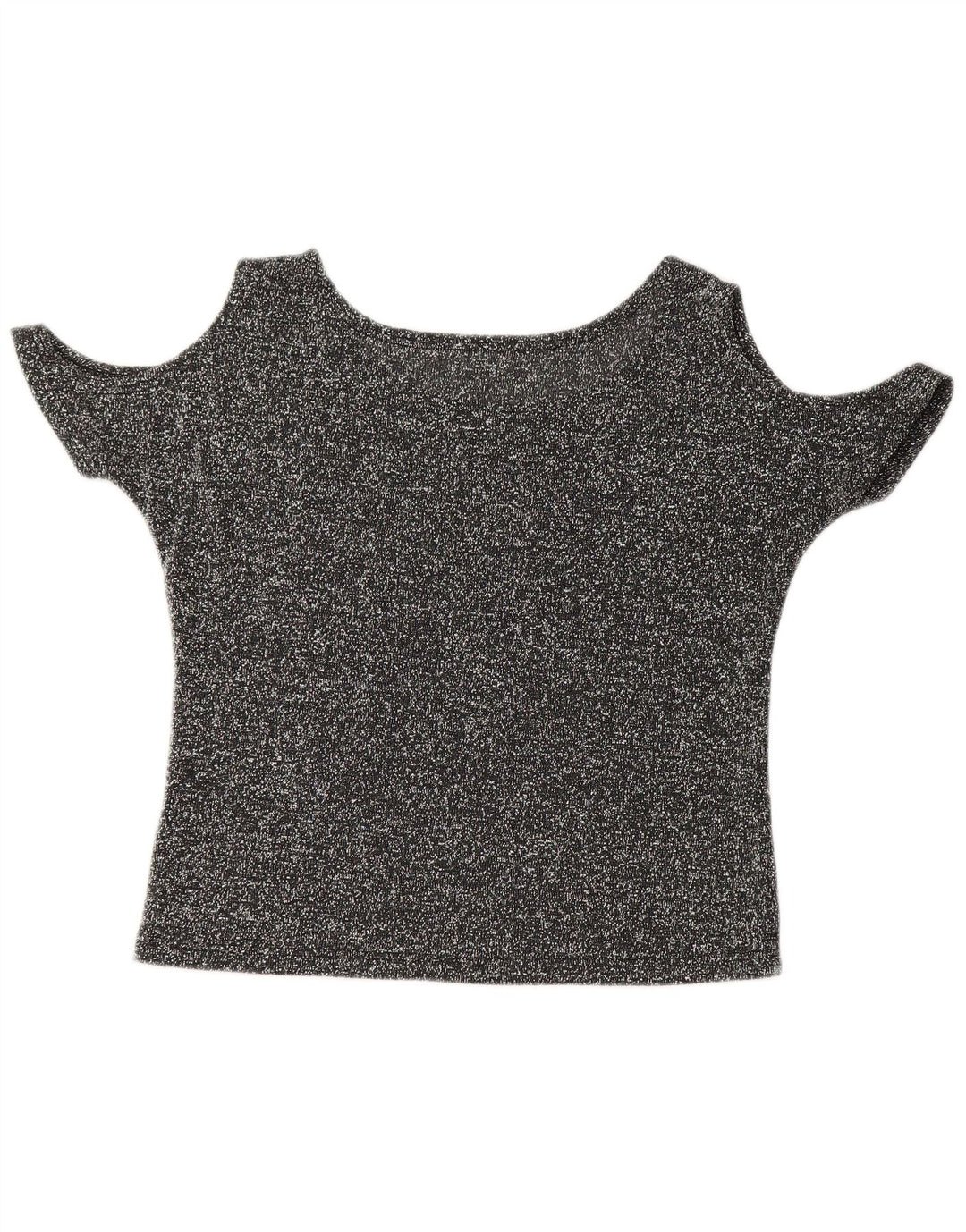 Top feminino VINTAGE com ombro de fora UK 12 borboleta manchada cinza médio