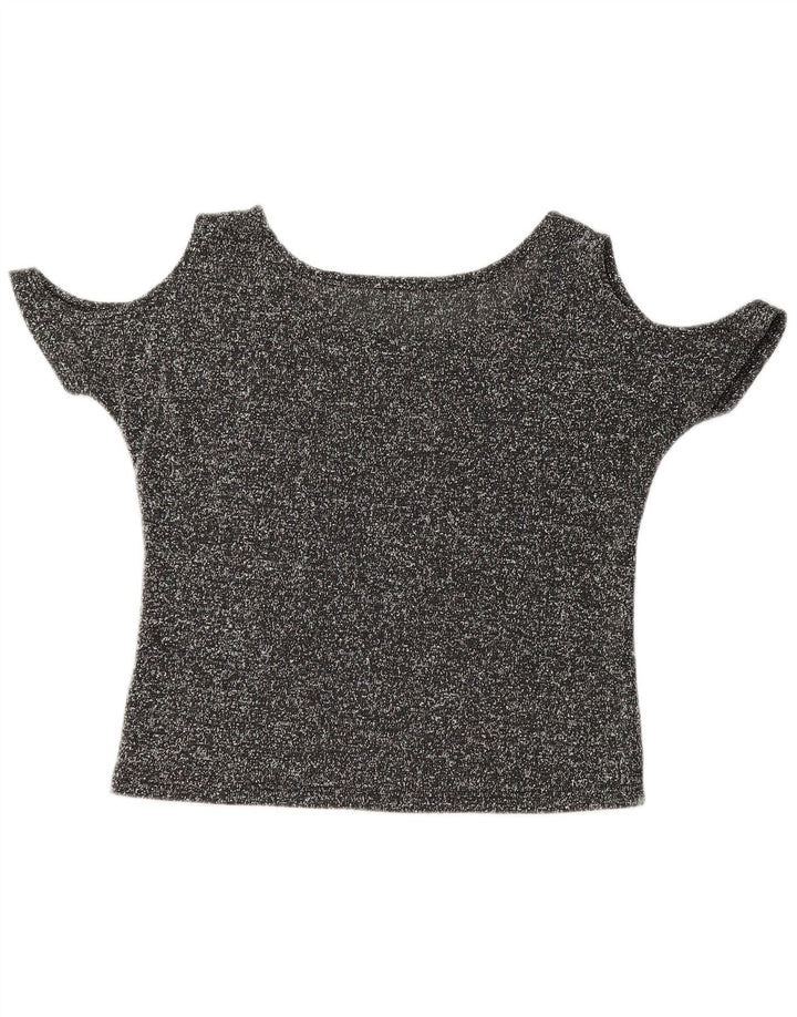 Top feminino VINTAGE com ombro de fora UK 12 borboleta manchada cinza médio