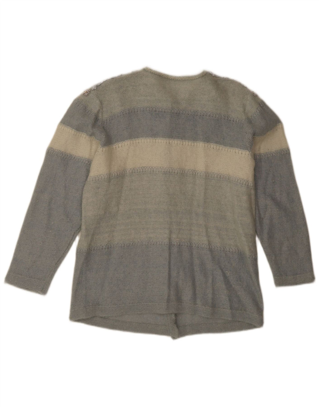 Suéter cardigã feminino vintage Reino Unido 12 bloco colorido azul médio