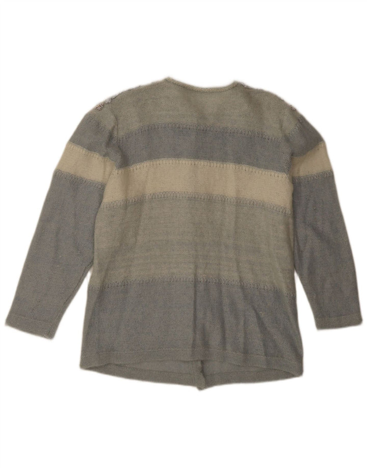 Suéter cardigã feminino vintage Reino Unido 12 bloco colorido azul médio