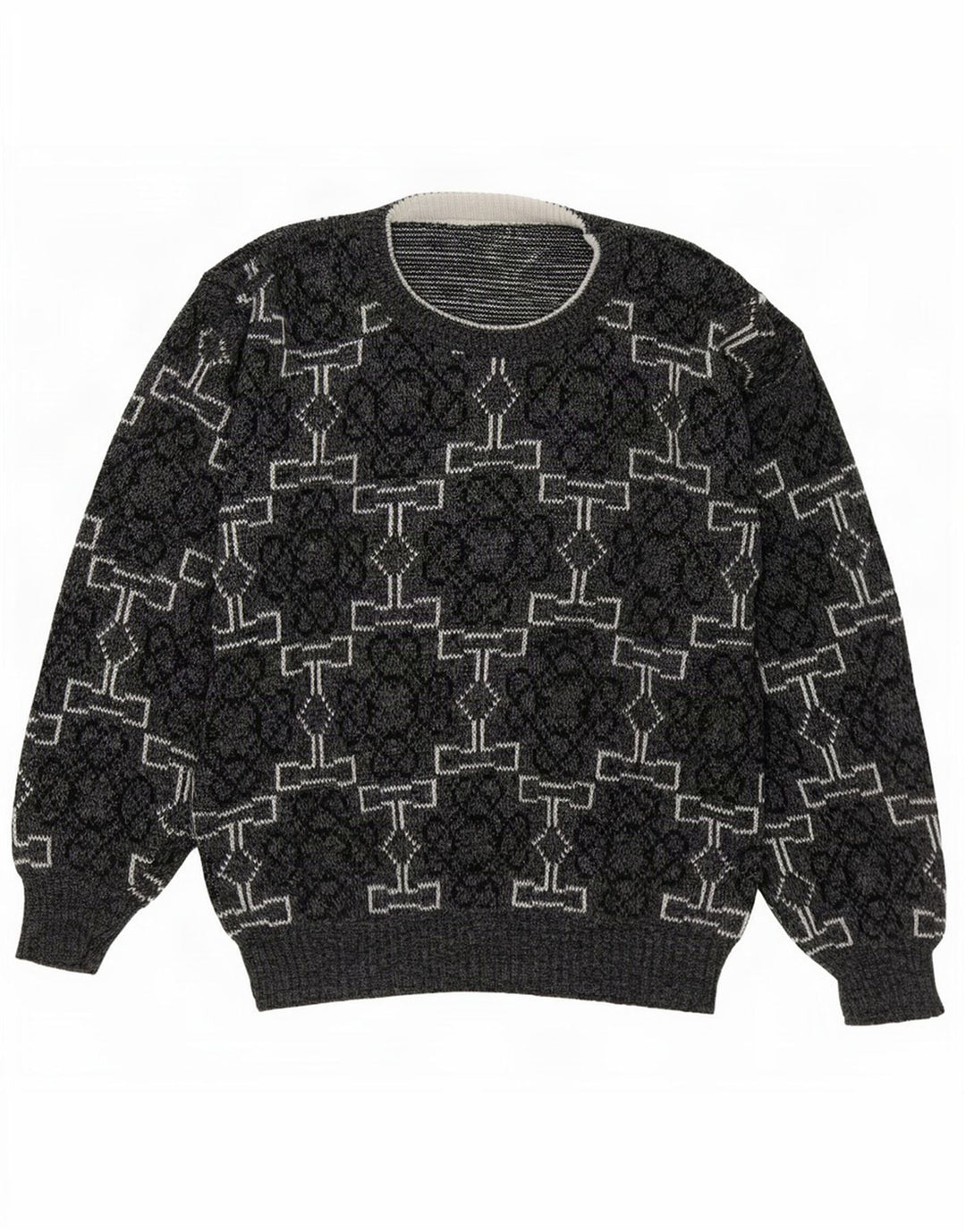 Suéter vintage masculino com gola redonda cinza médio geométrico