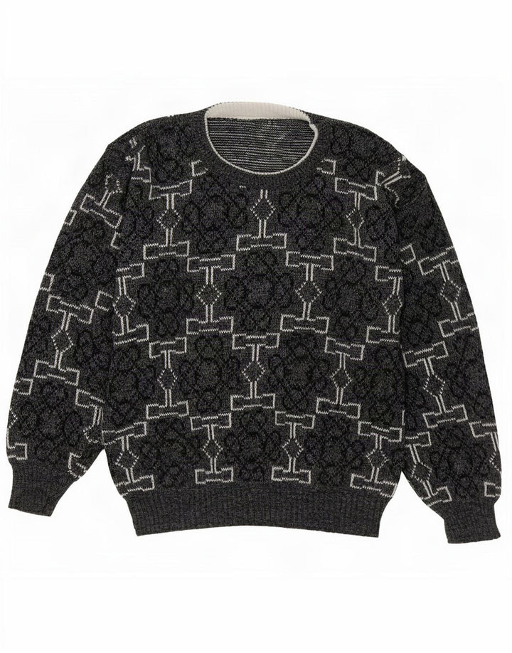 Suéter vintage masculino com gola redonda cinza médio geométrico