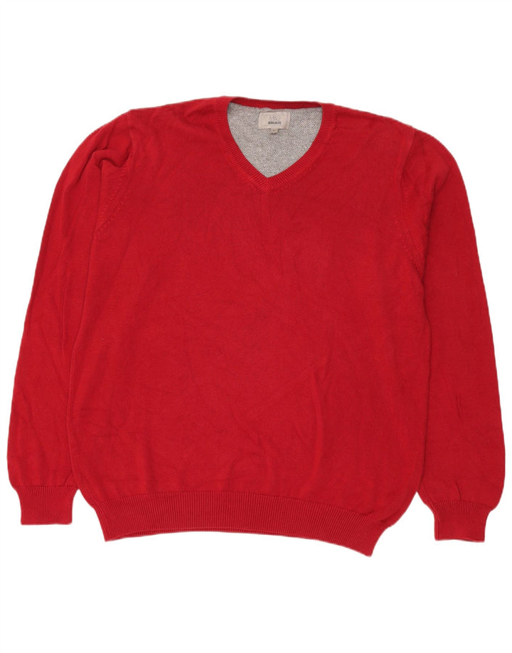 Suéter masculino MARKS & SPENCER com ajuste regular e decote em V, grande algodão vermelho