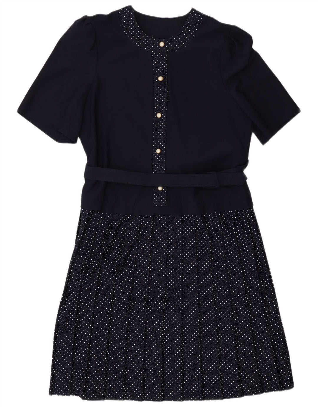 Vestido evasê feminino VINTAGE Reino Unido 16 grande poliéster manchado azul marinho