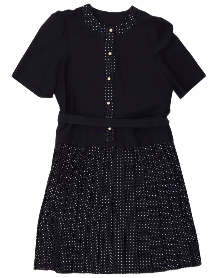 Vestido evasê feminino VINTAGE Reino Unido 16 grande poliéster manchado azul marinho