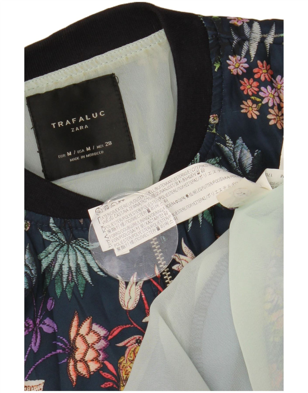 Zara Jaqueta feminina Trafaluc Graphic Bomber UK 14 Médio Azul Marinho Floral