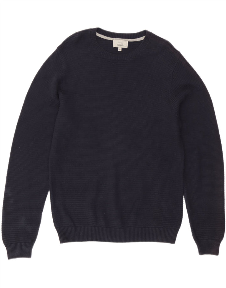 Suéter masculino Marks & Spencer com gola redonda, algodão azul marinho médio