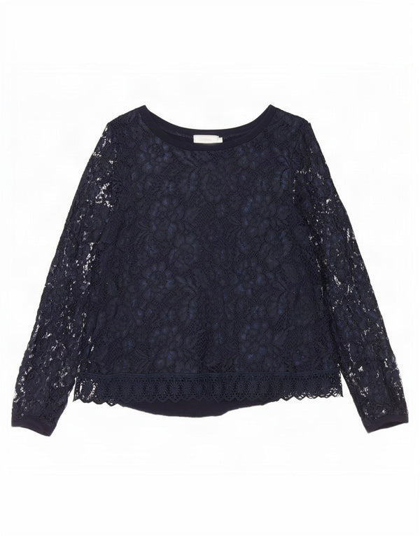 Blusa feminina vintage de manga comprida com renda EU 40 médio azul marinho floral