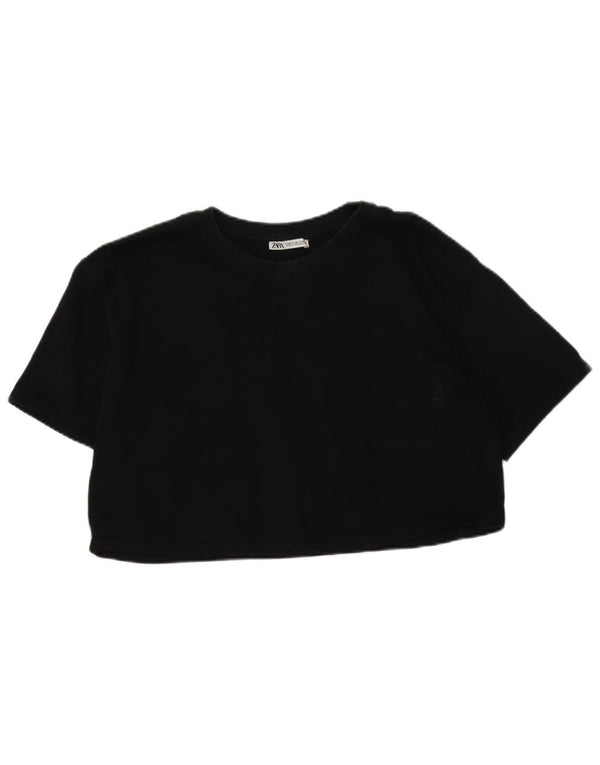 Zara Womens Crop T-Shirt Top UK 14 Médio Algodão Preto