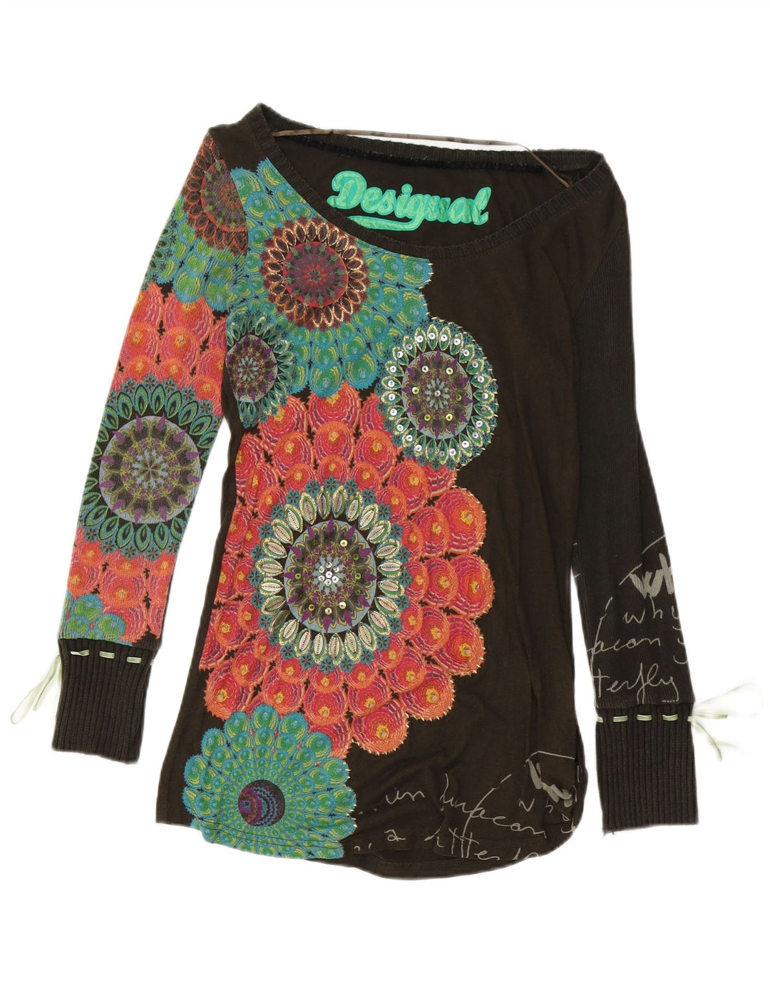 DESIGUAL Top gráfico feminino manga comprida Reino Unido 10 pequeno algodão floral marrom